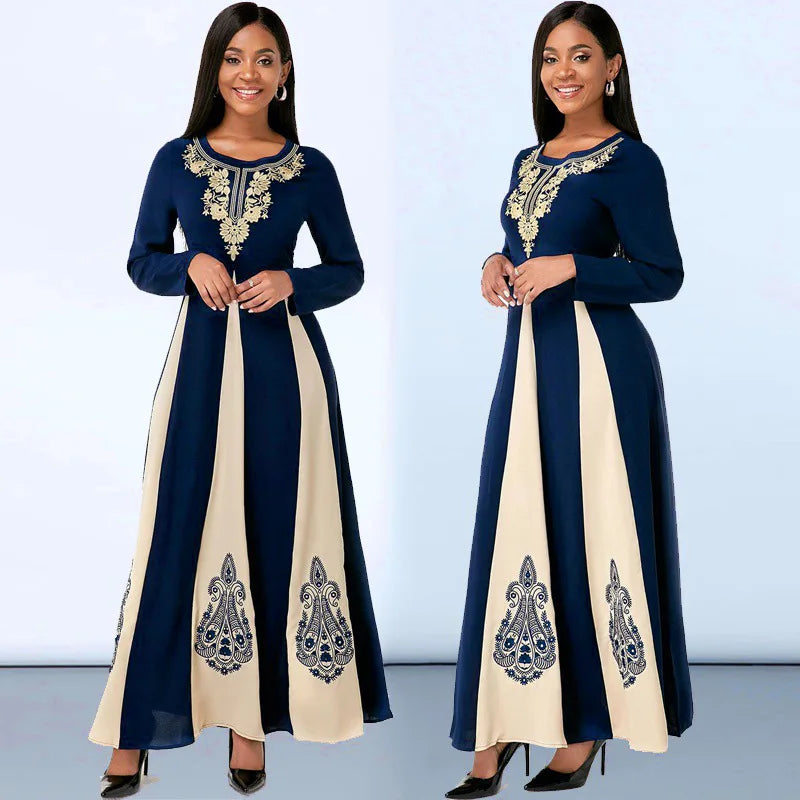 Elegant Muslim Dress for Women 2021 Fall O Neck Long Sleeve Islamic Arabic Abaya Robe Patchwork Print Turkey Eid Mubarak Vestido