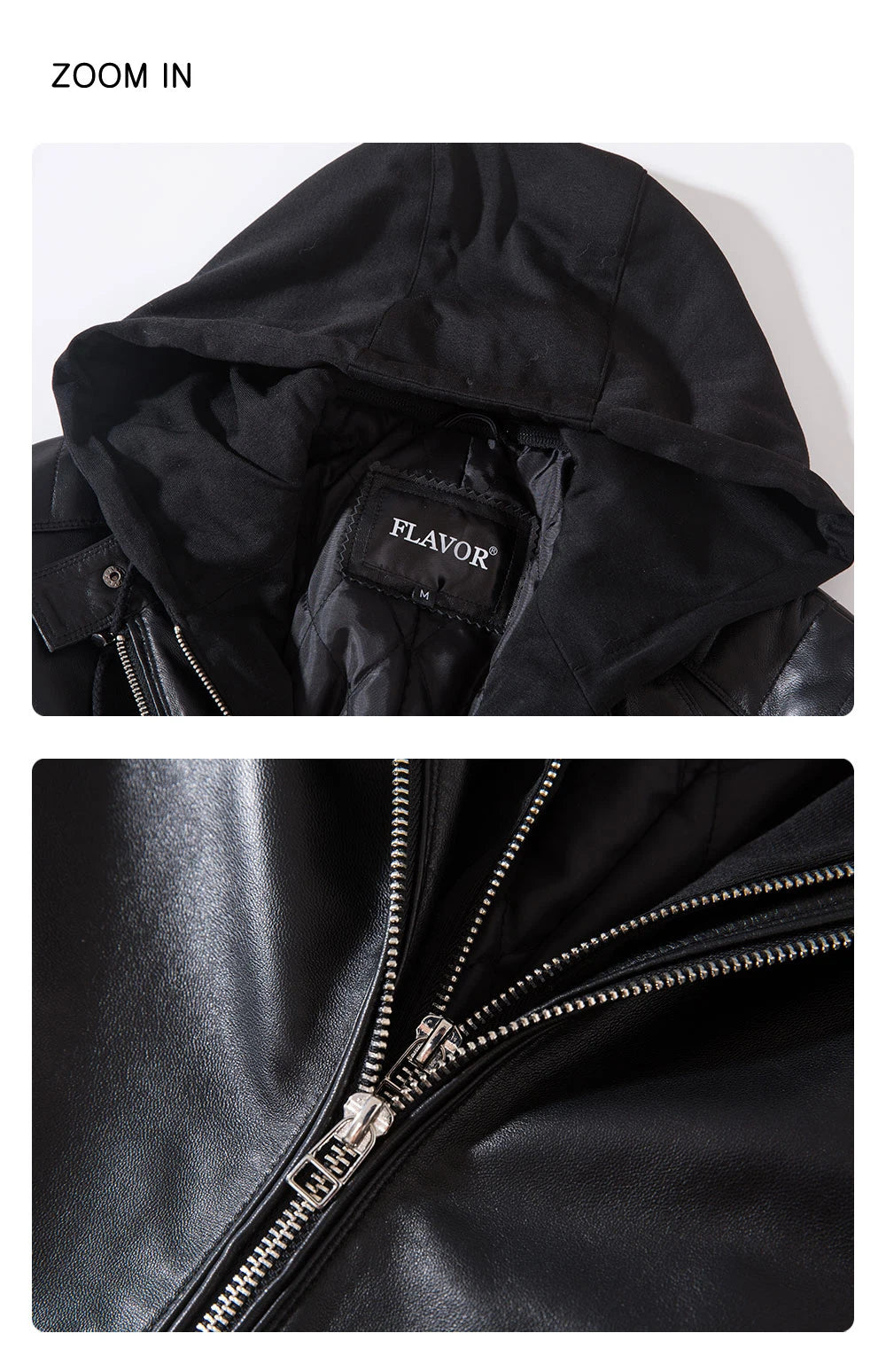 FLAVOR Men's Leather Motorcycle Jacket Black Sheepskin Real Leather Jacket With Removable Hood
