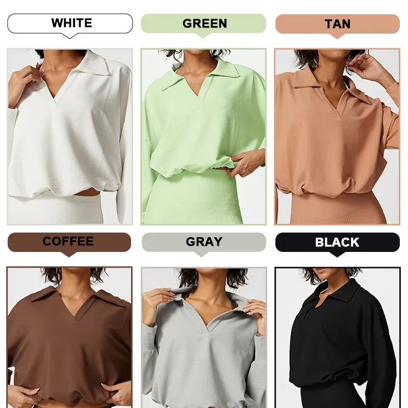 New Fashion Custom Logo V-neck Thick Snail Sports Top Yoga Loose Drawstring Long Sleeve Yoga Clothes Sweatshirt