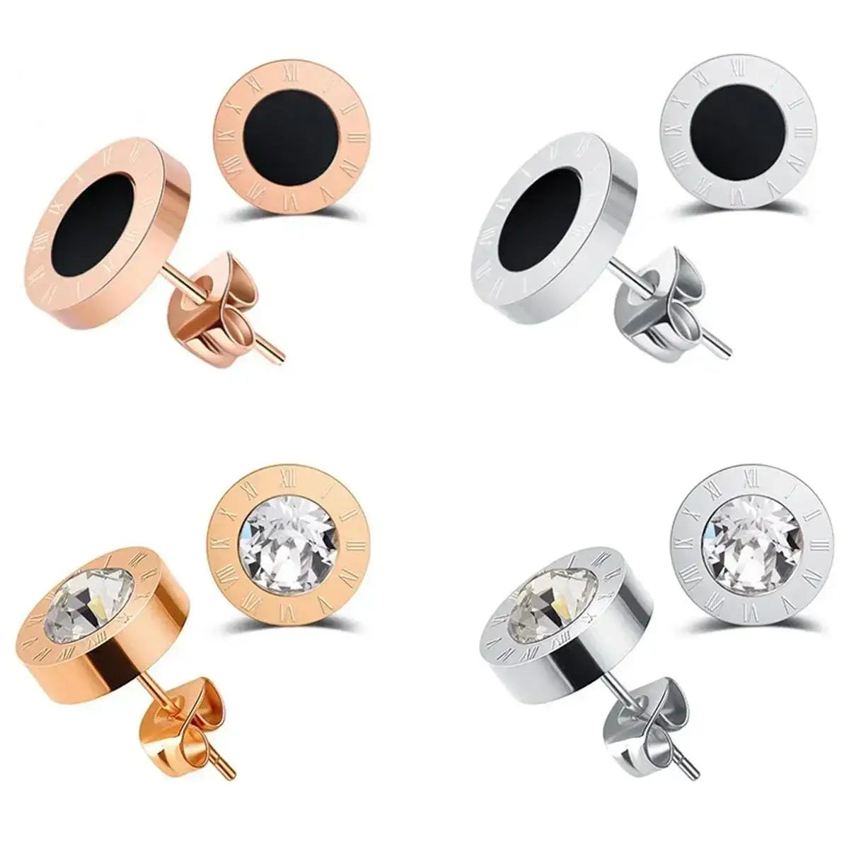 Fashion Chic Stainless Steel  Crystal Stud for Women Men Jewelry Vintage Roman Numerals Small Earring