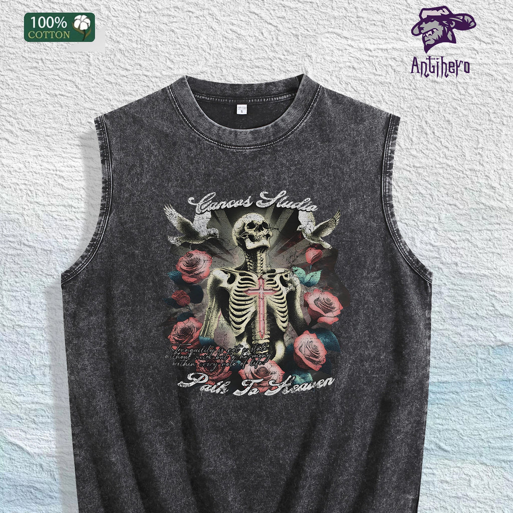 Skull & Roses Graphic Washed Vest US Warehouse 3 Colors Cotton Tank