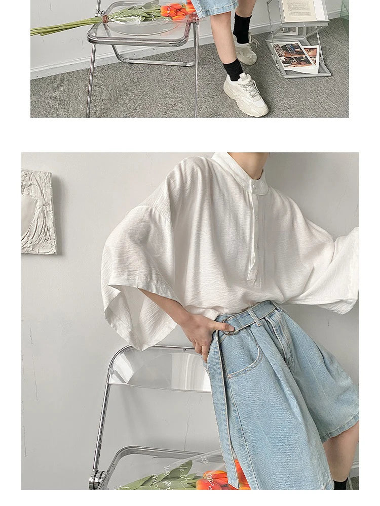 Summer Oversize Shirt Men's Fashion Black White Casual Shirt Men Streetwear Korean Loose Short Sleeve Shirts Mens Pullover Shirt