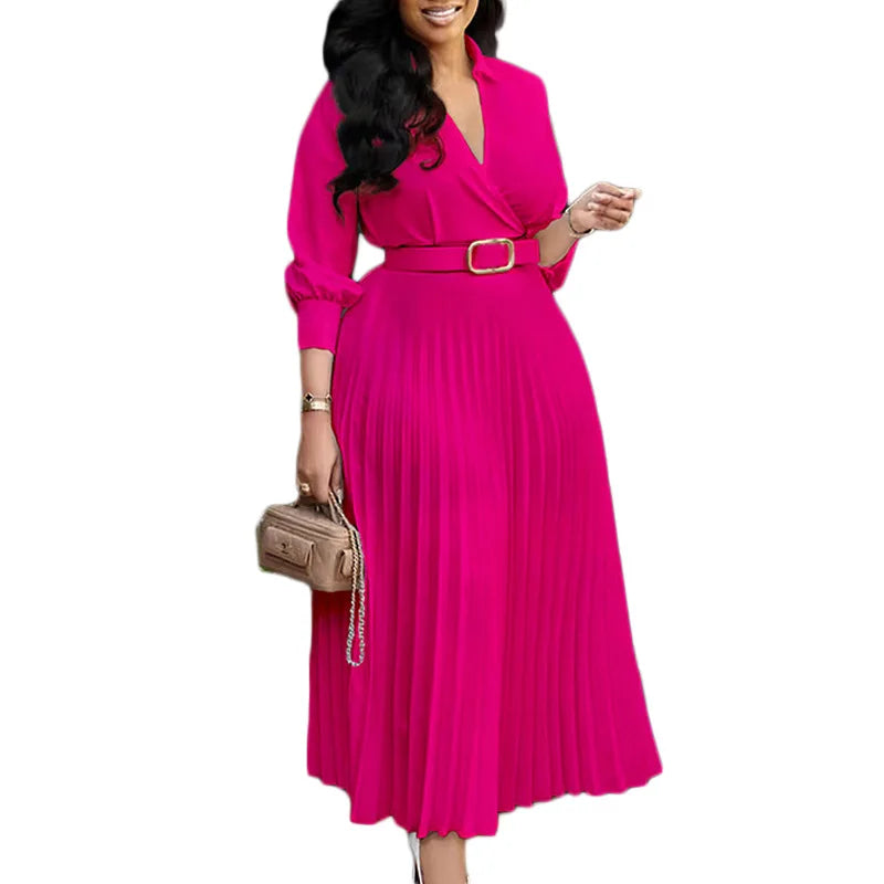 C8587 Trendy Casual Dresses Women Lady Elegant Solid Color Long Sleeve V-neck Pleated Ladies Office Dresses With Belt