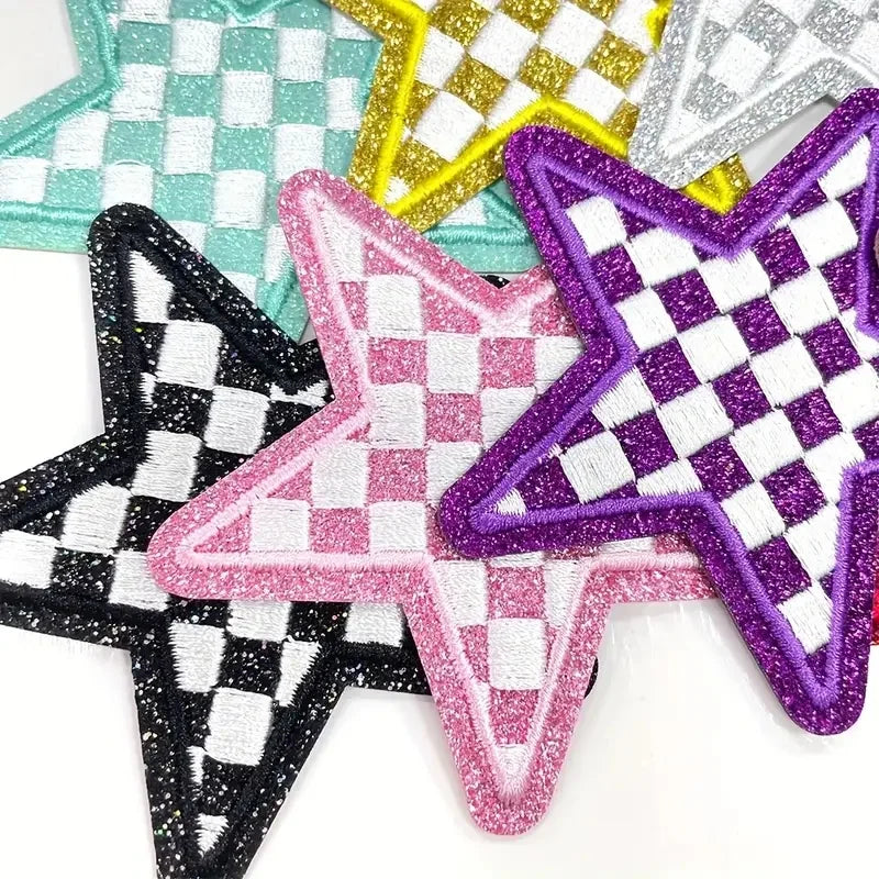 8 Pcs Glitter Star Iron on Patch Set Checkered Sequin Applique Embroidery DIY Badge for Clothes Backpack Hat Jacket Decor