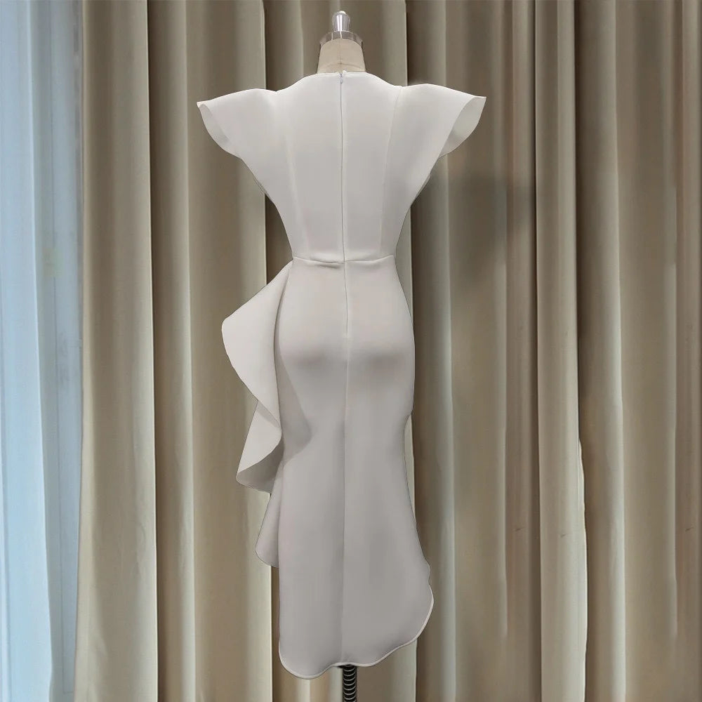 A80081 Manufacturer High Waisted Cap Sleeve Ruffles Midi Evening Dress Women