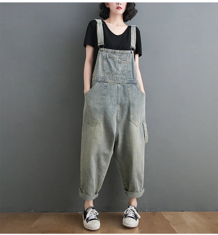 Boyfriend Loose Jeans Overalls For Women Casual Plus Size Wide Leg Denim Jumpsuit Straps Baggy Cargo Pants Big Pockets Dungarees