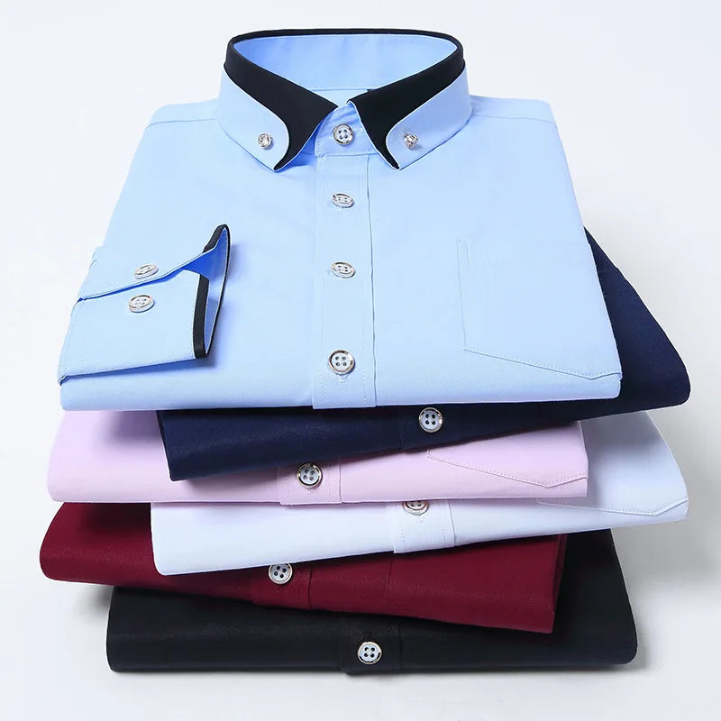 2025 New Men's Contrast Collar Elastic Long Sleeve Shirt Business Casual Comfortable Non-Ironing Shirt