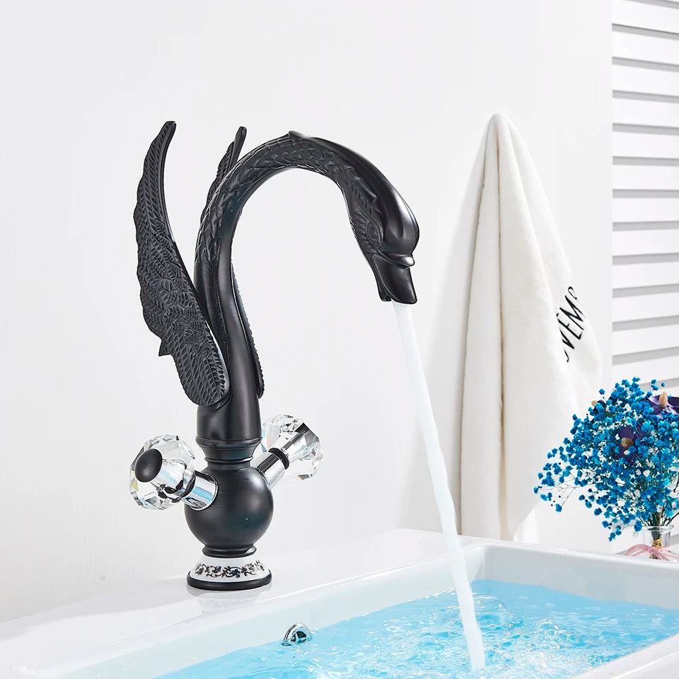 Luxury Gold Swan Basin Faucet Deck Mounted Bathroom Faucet Hot and Cold Water Mixer Tap Bath Water Faucet Basin Sink Taps