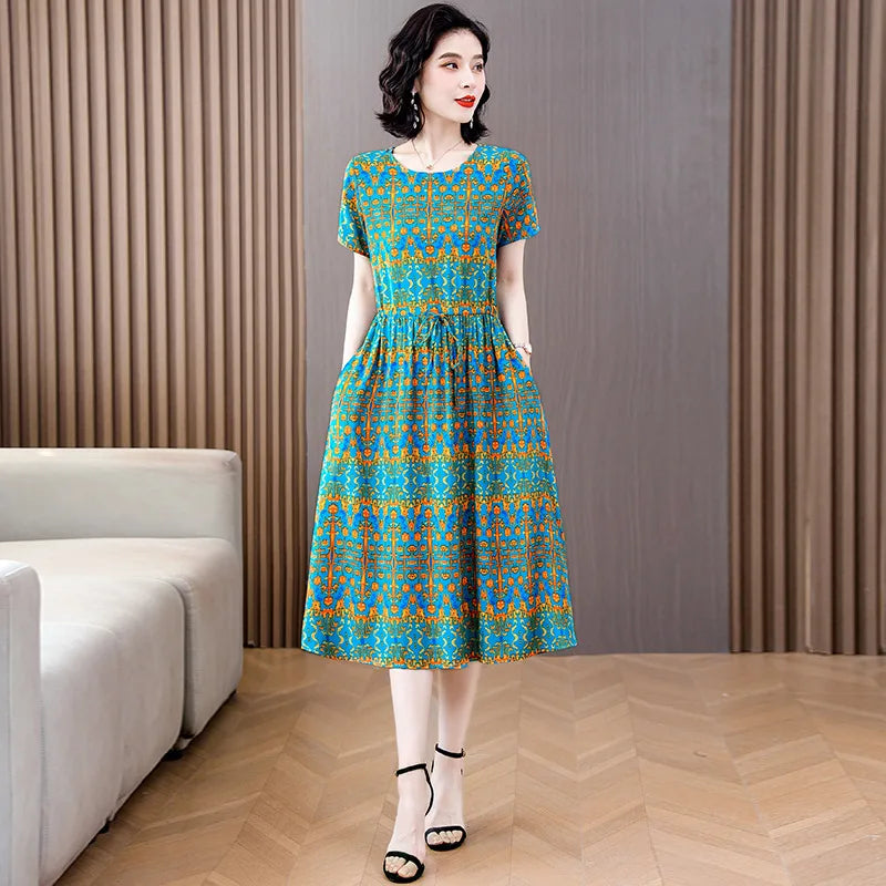 Women Floral Printed Summer Dresses O-neck Short Sleeve Fashion Printing Women's Simple Flower A-line Casual Dress