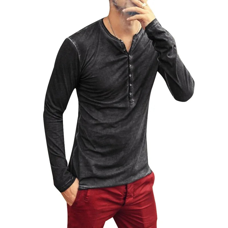 Men Tee Shirt V-neck Long Sleeve Tee&Tops Stylish Buttons T-shirt 2026 Autumn Casual Henley shirt Solid Male Clothing 5XL