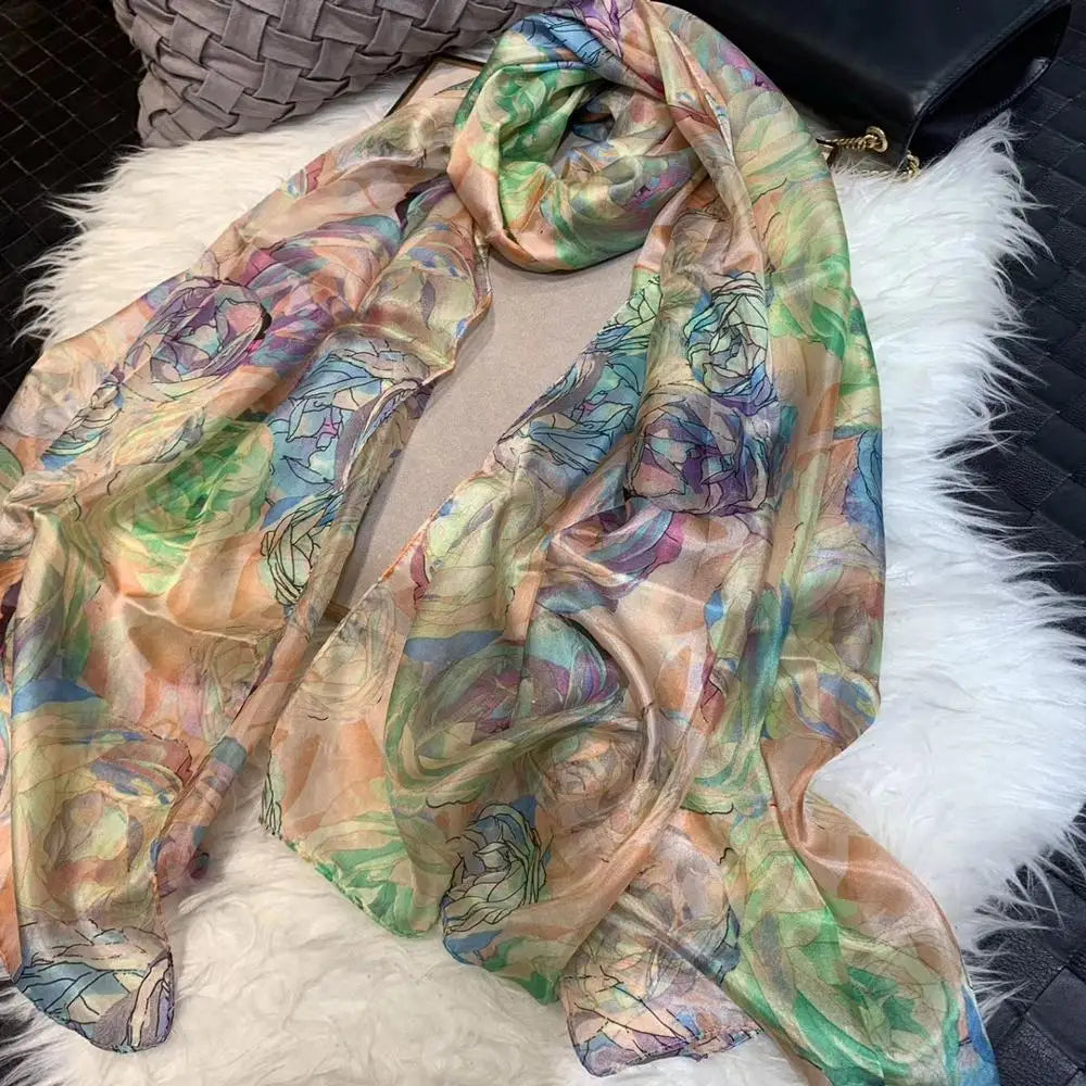 BYSIFA| Ultralarge Spring Fall 100% Mulberry Silk Scarf Beach Wrap Brand Female Long Scarves New Red Floral Silk Scarf Shawl