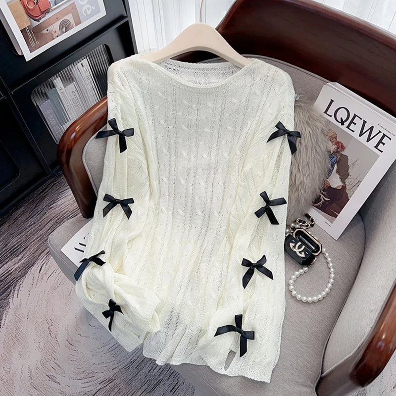 Boutique Wholesale 2025 Spring New Fashionable Hollow Horn Sleeve Bow Loose Women's Sweater