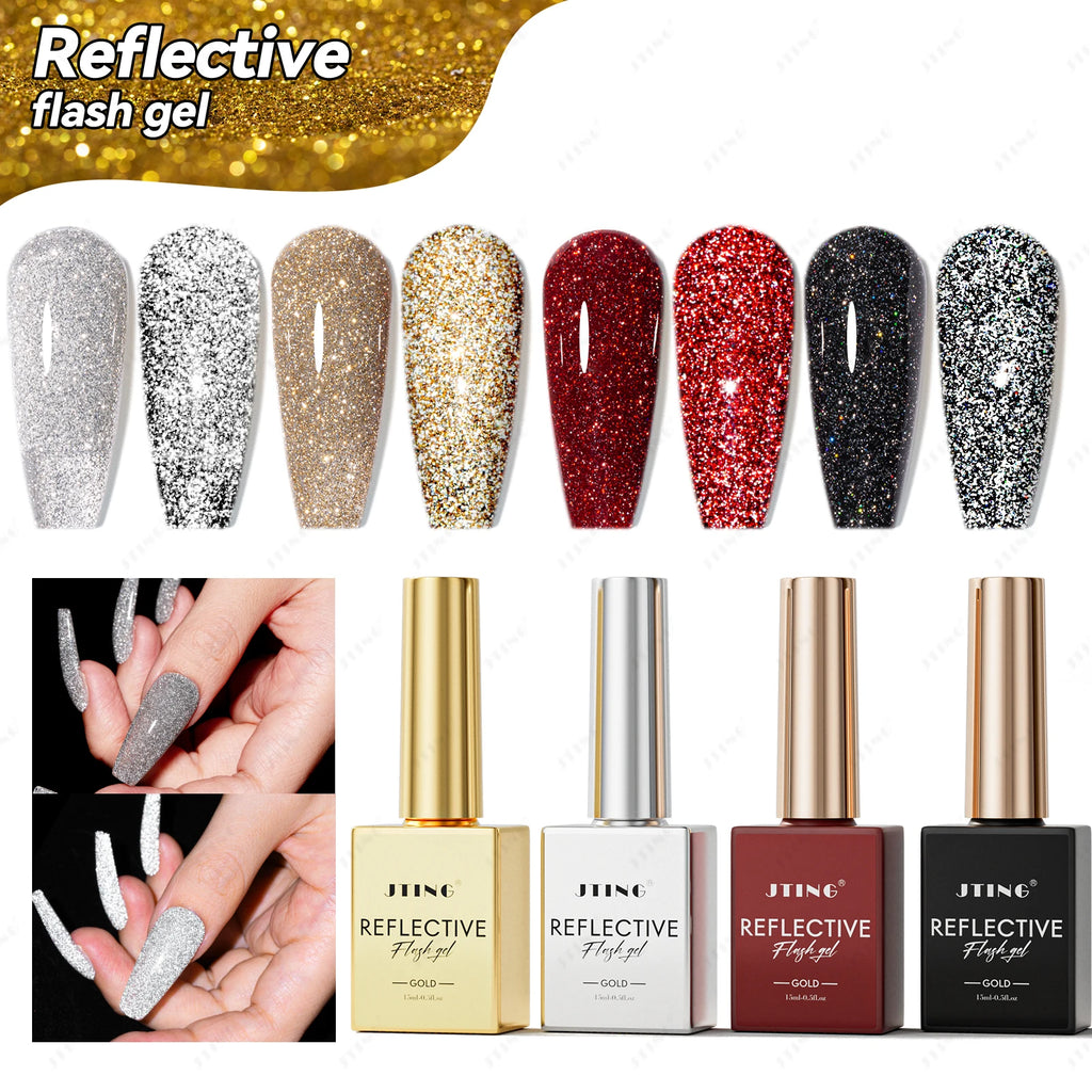 JTING Super Reflective Flash Gel Polish Classic 4Color Gold Silver Black Red Disco Reflective Gel Nail Polish Set Unique Designs