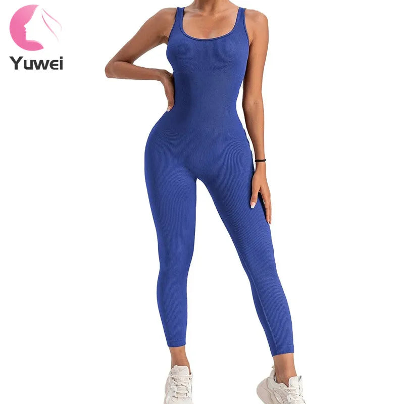 Women's High-Waist Yoga Jumpsuits Ribbed Workout Bodysuits with Sleeveless Sports Bra Knitted Fitness Rompers