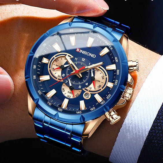 BINBOND B6395 6395 Stainless Steel Watches Men's Quartz Wristwatch Chronograph Sports Luminous Fashion Casual Pointers Men Watch
