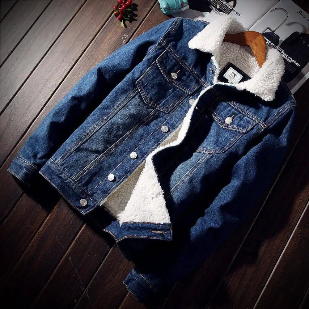 Men's Winter Warm Berber Fleece Denim Jacket Slim Fit Thicken Coat Outerwear Black Blue