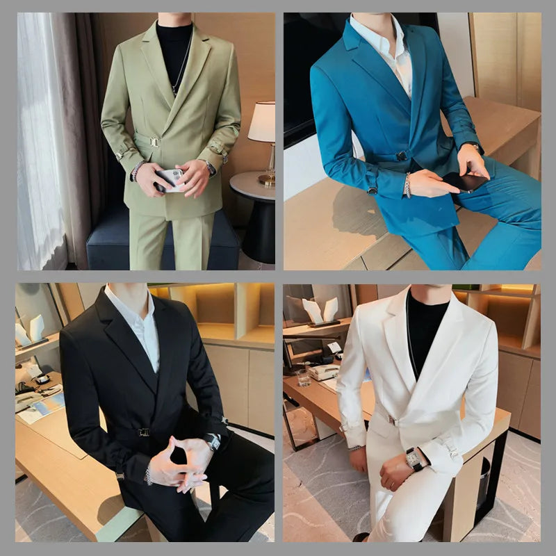 XS-5XL Men's Autumn and Winter Personalized Buckle Design Suit Fashion Business Casual Suit Set Two Piece