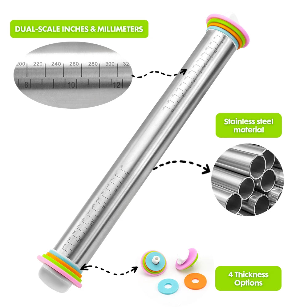 17 Inch Adjustable Thickness Rings 430 Stainless Steel Rolling Pin Baking Dough Pizza Pies Pastries Pasta Cookies Rolling Pins