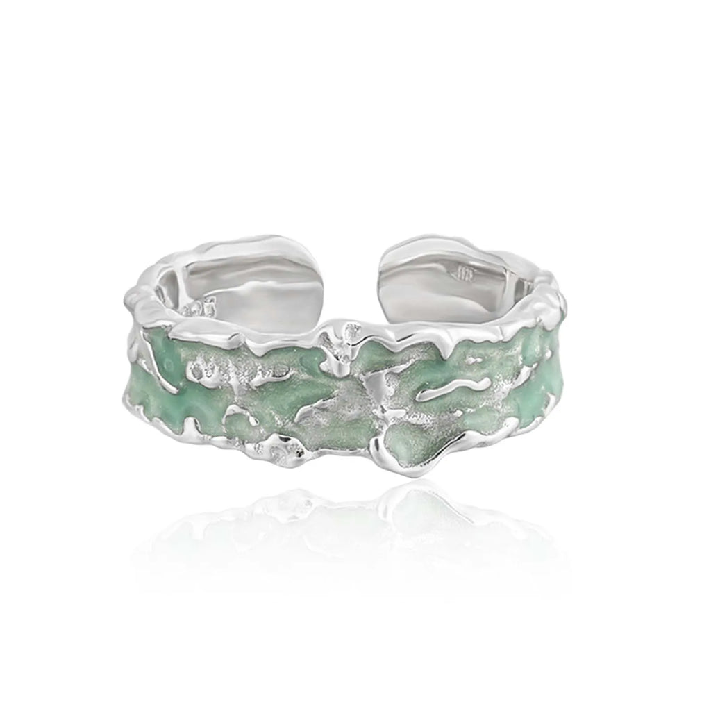 FUAMAY Fashion Designer 925 Sterling Silver Wide Ring Irregular Grain Mint Green  Enameled Rings