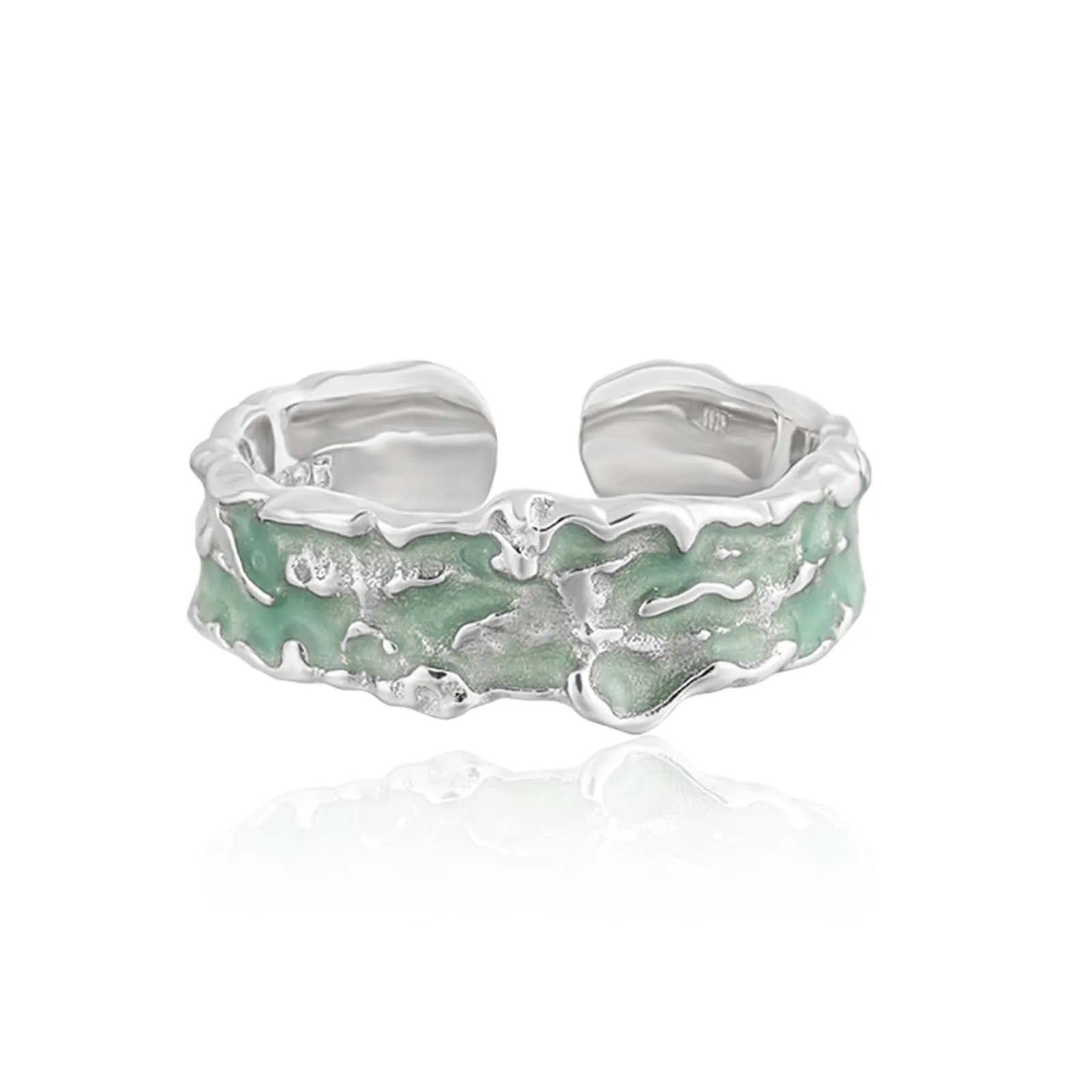 FUAMAY Fashion Designer 925 Sterling Silver Wide Ring Irregular Grain Mint Green  Enameled Rings
