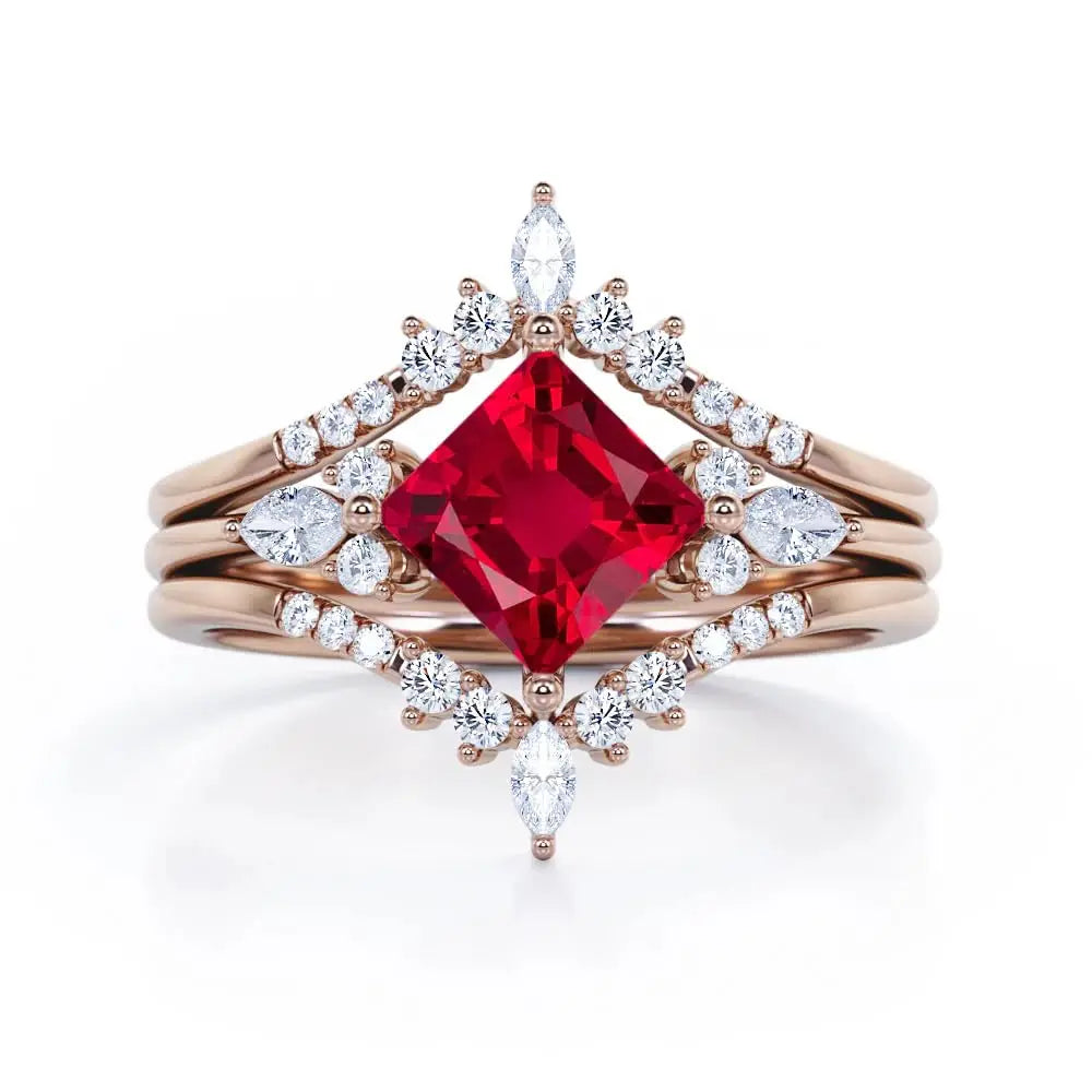 925 Sterling Silver 18K Gold Plated Princess Cut Lab Created Ruby Classic Solitaire Double Crown Engagement Ring for Party