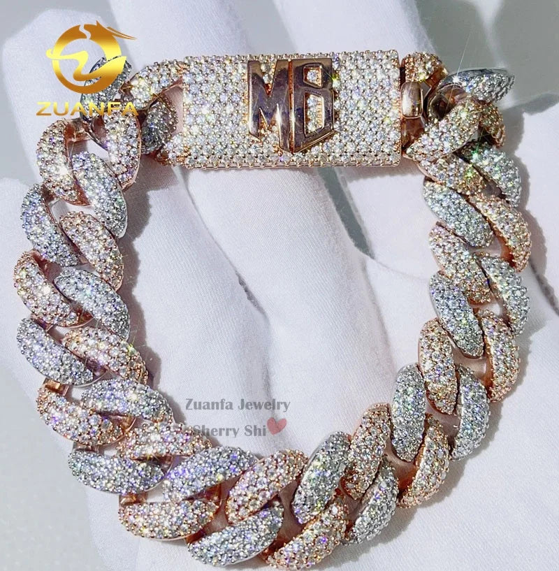 Rapper Jewelry Hip Hop Sterling Silver 15MM Iced Out VVS Moissanite Diamond Cuban Bracelet With Name Clasp