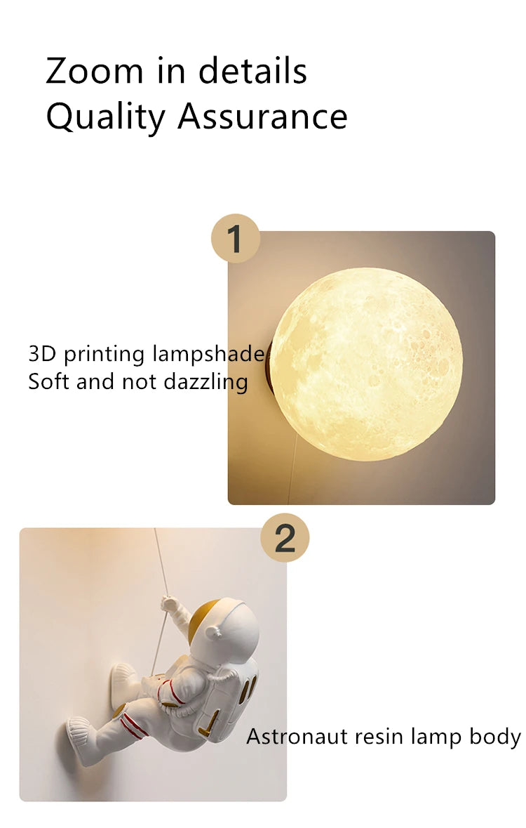 Lunar Wall Lamp Nordic Creative Astronaut Children's Room Lamp Bedroom Bedside Lamp Cartoon Boy Girl Background Wall Lamp
