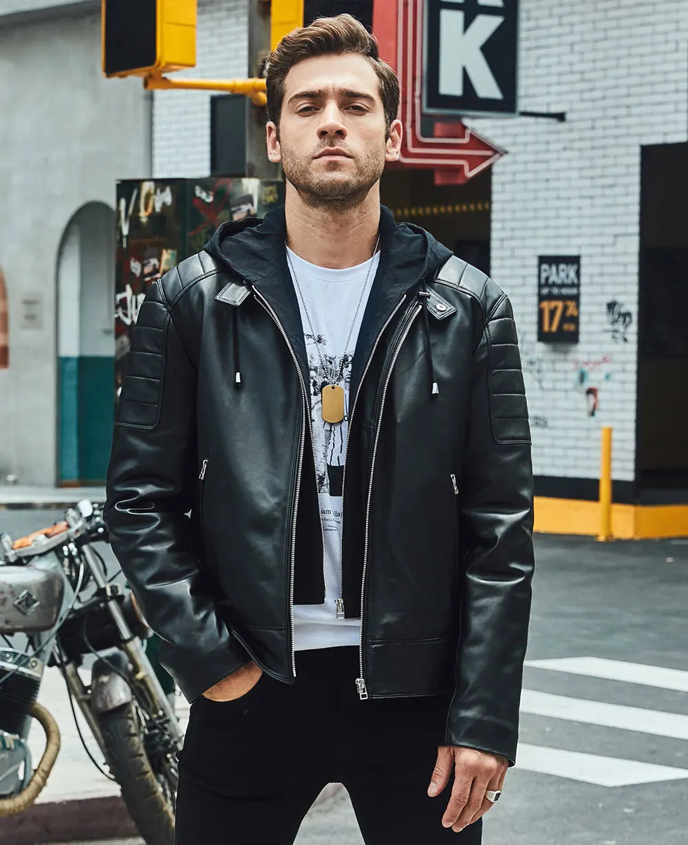 FLAVOR Men's Leather Motorcycle Jacket Black Sheepskin Real Leather Jacket With Removable Hood