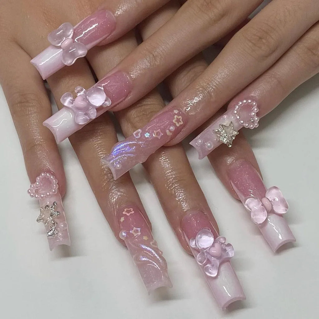Dropshipping 24 Pcs French Style Romantic Art Acrylic Press on Nails Artificial Fingernails Candy False Nails Dating  Party 2792
