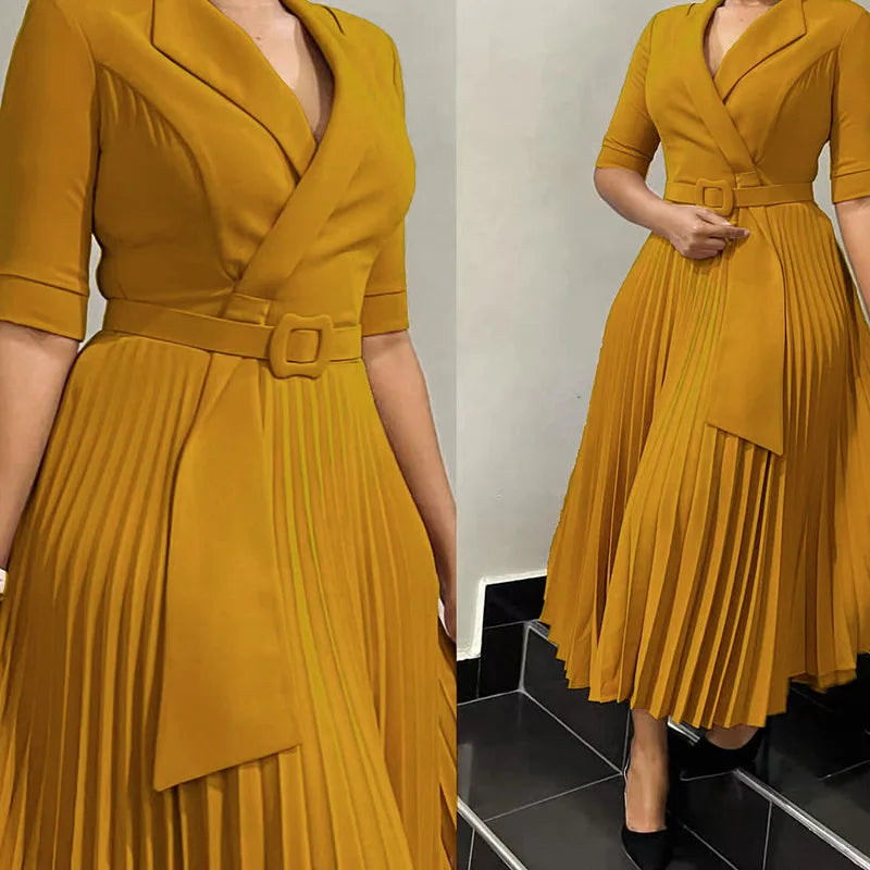 Trendy Autumn Office Lady Dresses Women Casual Elegant Suit Collar Half Sleeve Pleated African Career Dresses for Women