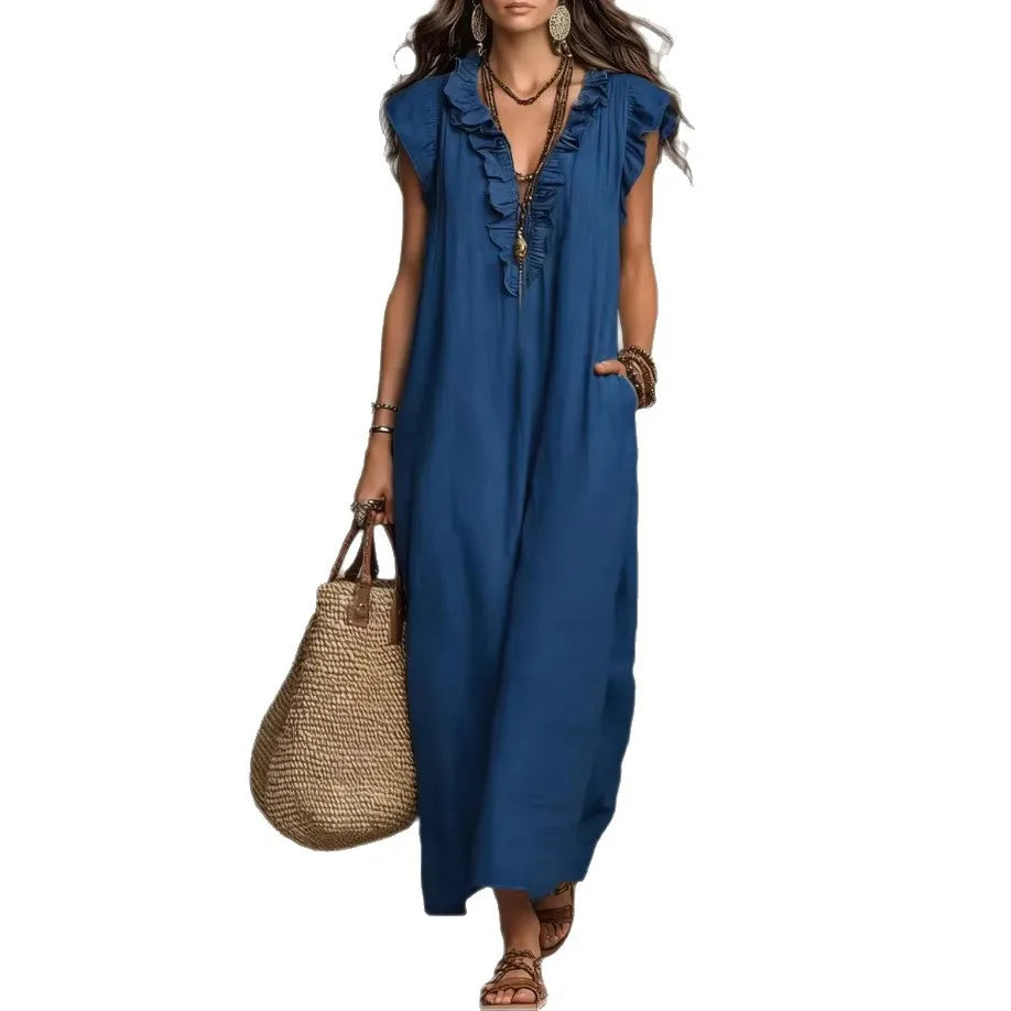 Bohemian Style Ruffle Trim Maxi Dress Women Casual Loose Summer Linen Dress