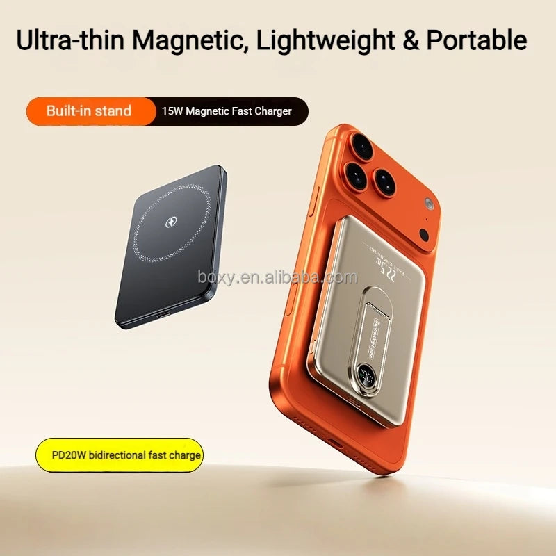 Ultra-Slim Aluminum Magnetic Wireless 5000mAh High Capacity Power Bank with LED Digital Display 15W Fast Charging 2-in-1
