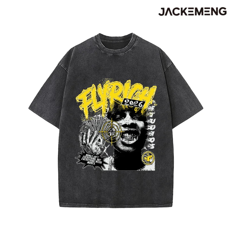 Oversized Washed Retro Money Streetwear Print Tshirt USA Stock Wholesale Y2K Casual Tee