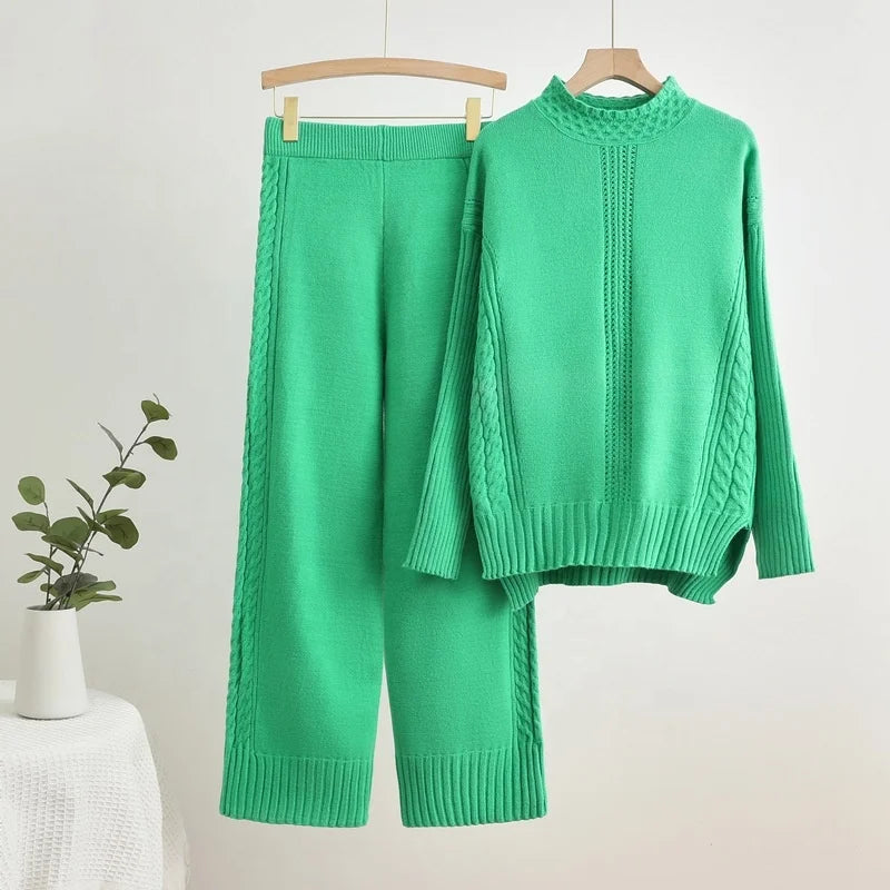 Pullover Thick Knit Sweater Casual Fashion Set Women's Autumn and Winter Loose and Lazy Wide Leg Trouser Set