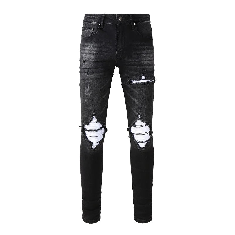 Wholesale Slim Fit Distressed Designer Patchwork Jeans Printed Patch Black Denim Trousers for Men Streetwear Winter Blue Hip Hop