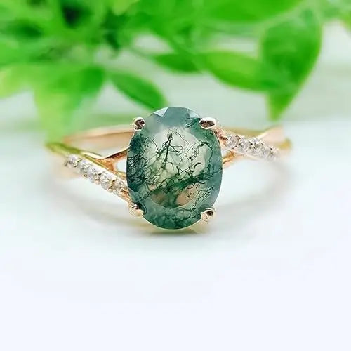 Oval Cut Moss Agate Ring 925 Sterling Silver Rose Gold Plated Promise Ring Delicate Prong Set Engagement Ring