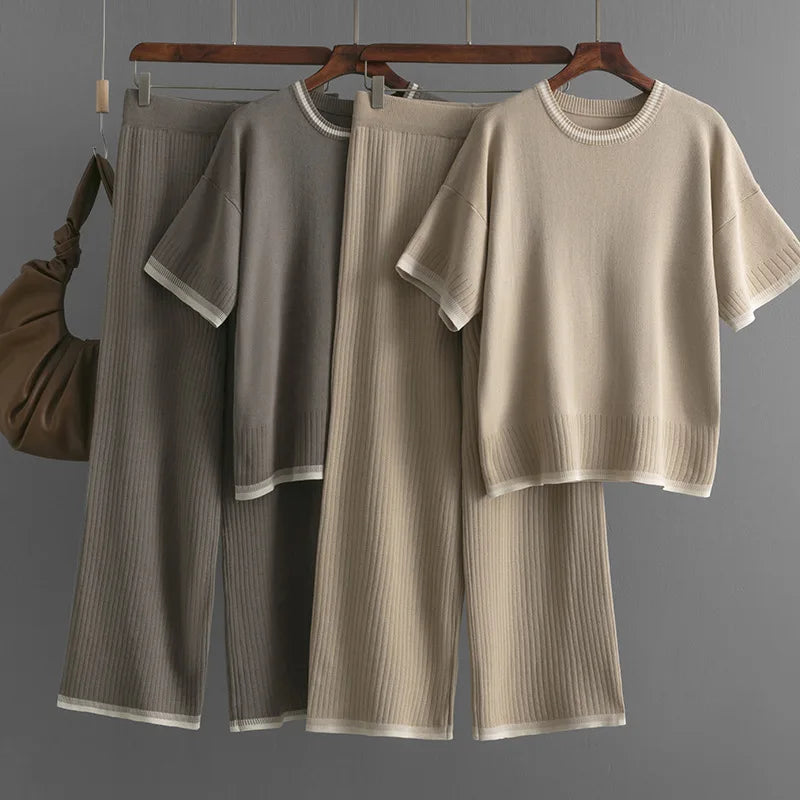 Boutique Wholesale 2026 Summer New Simple and Fashionable Round Neck Short Sleeve Slimming Pants Contrast Color Women's Set