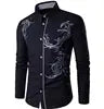 New Hot Chinese Style Dragon Pattern Print Long-sleeves Shirt Men's Social Business Slim-fit Lapel Shirt Male Tops