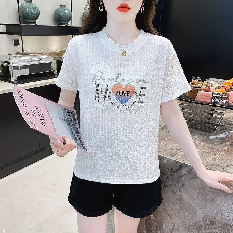 Korean Station Top Light Mature Short Sleeve Women's Loose Hot Diamond Women's T-shirt Versatile Women's Wholesale