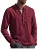 Men's Cotton Linen Casual Long Sleeve T-Shirt Plus Size Stand Collar Streetwear for Autumn Vacation & Fishing Pocket Detail
