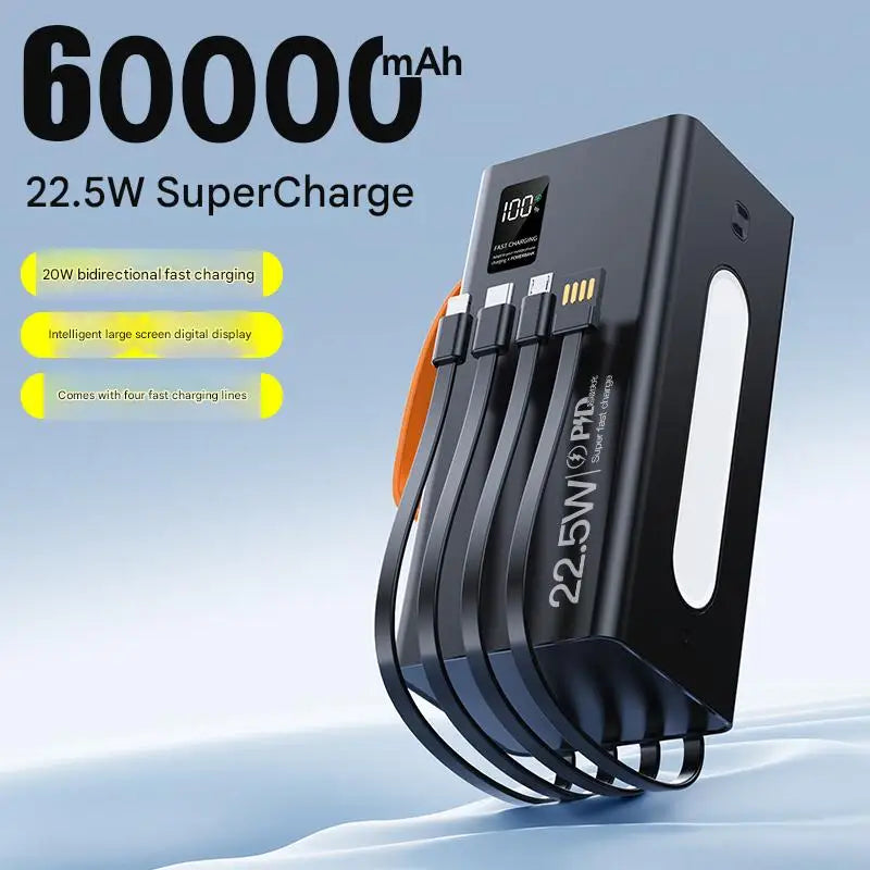 New High Capacity Power Bank 60000mAh Fast Charging 22.5W Double USB & Micro USB LED Display Portable Charger for Outdoor Use