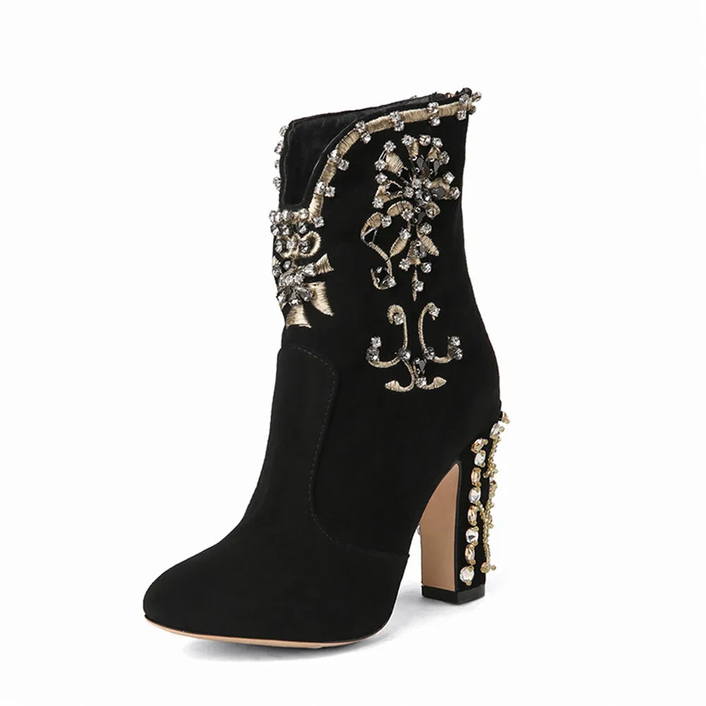MILI-MIYA Fashion Women Kid Suede Ankle Boots Zipper Round Toe Crystal Square Heels Spring/Autumn Party Shoes Plus Size 34-43