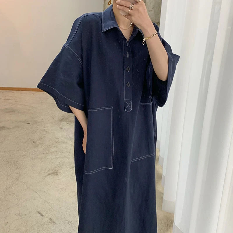 Wholesale 2026 Spring New Fashion Retro Classic Polo Collar Open Line Design Straight Loose Five-point Sleeve Denim Women Dress