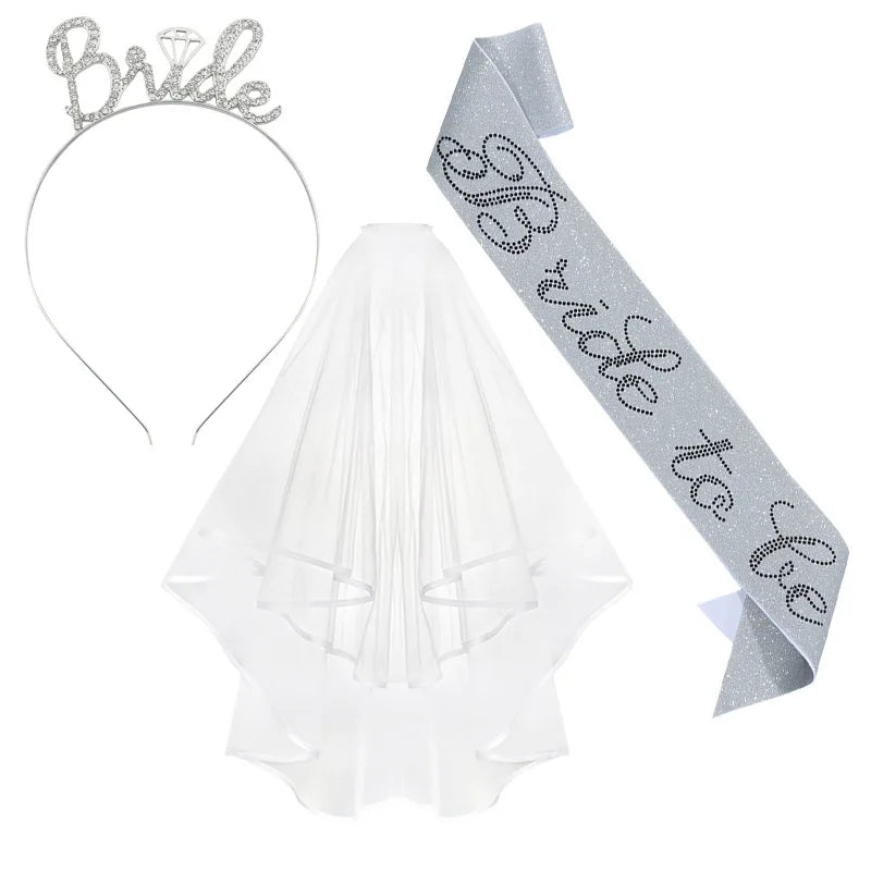 3-piece Set Bride to Be Crown Headband Shoulder Strap Wedding Veil Set for Bridal Shower WB007