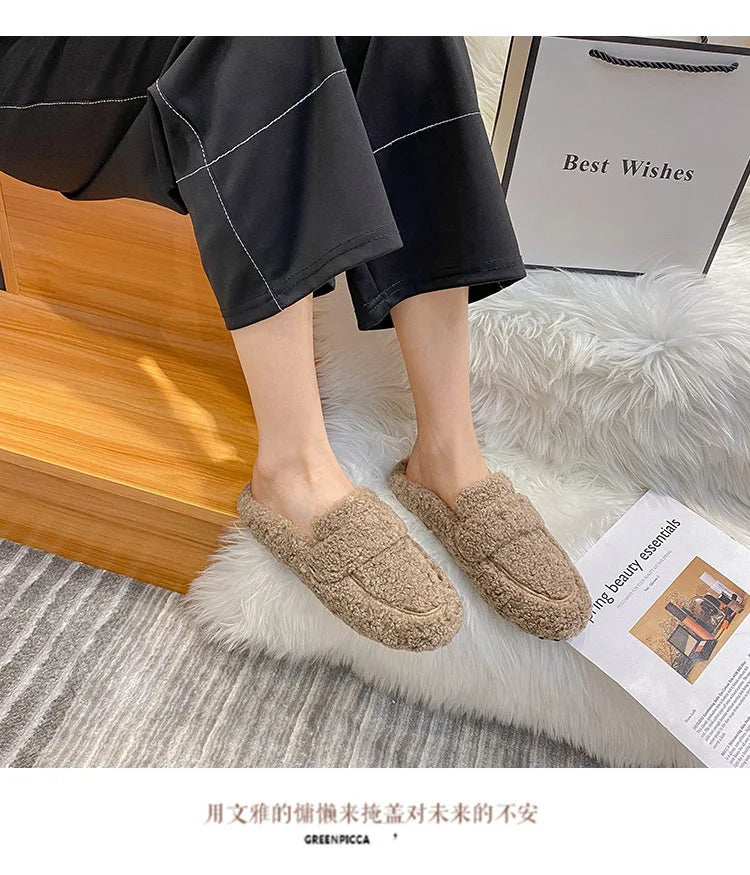 Winter Warm Plush Mules Women One Band Fur Slippers Cozy Cotton Shoes Woman Flats Cover Toe Fleeces Slides Femme Wool Pantuflas
