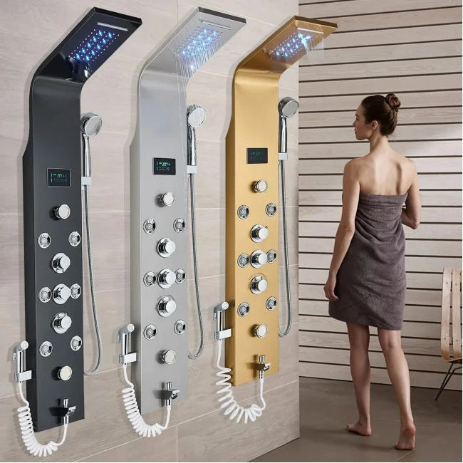 Wall Hotel Thermostatic Shower Set Led Screen Digital Display Temperature Shower Panel Stainless Steel Brass Shower System
