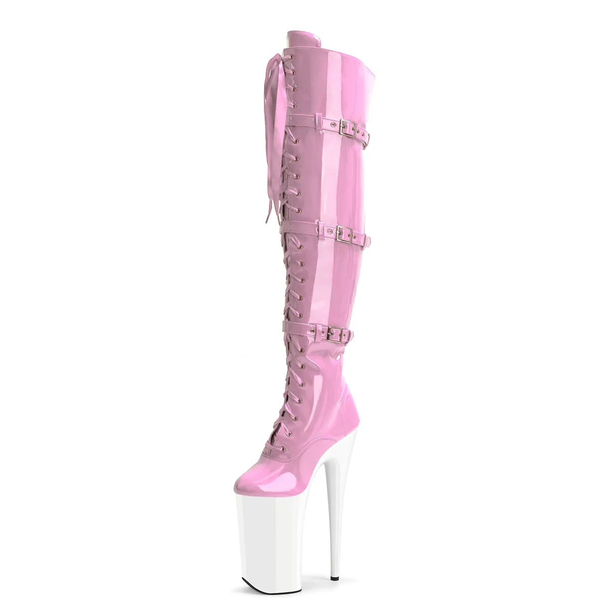 26cm Sexy Queen Large Transvestite Stripper High Pink Knee High Leather Boots Goth Pole Dancer Fetish Shoes Nightclub Stage Walk