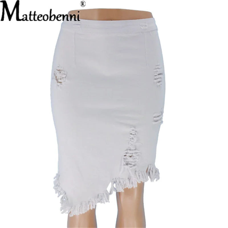 New Summer Sexy Ripped Denim Skirt Women Fashion Hollow Out Casual Hole Tassel Mini Skirt Irregular Basic Pocket Jeans Skirt
