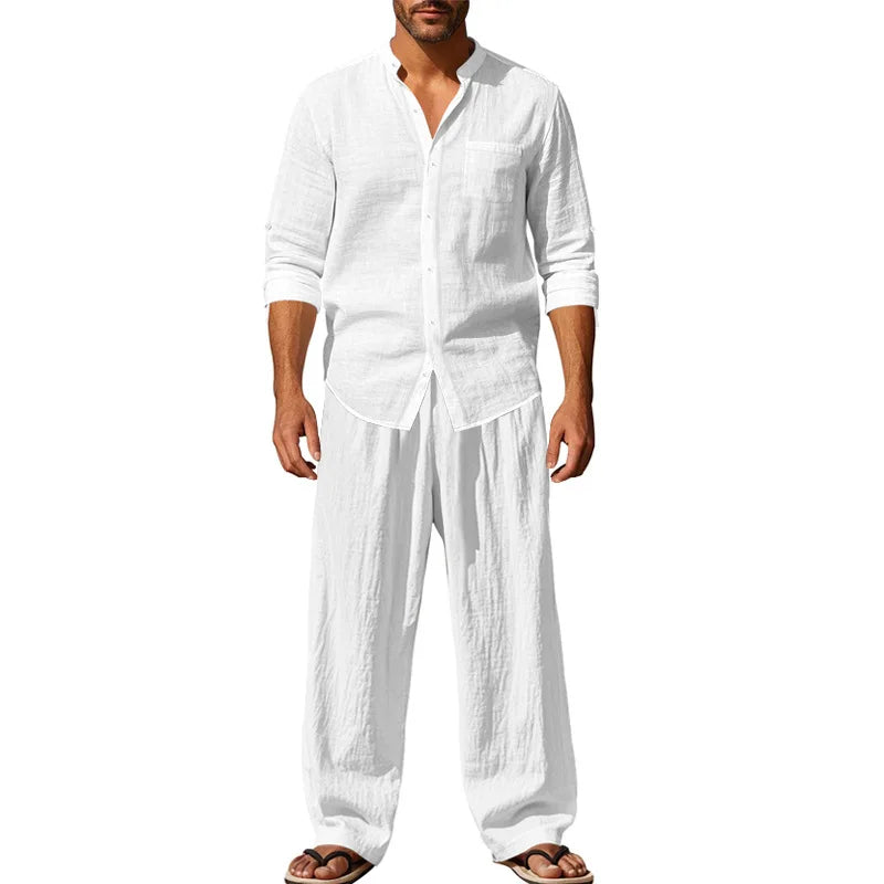 New Mens Suit Linen Casual Loose Breathable Long Sleeves Shirt and Trousers Two-Piece Set Beach Suit