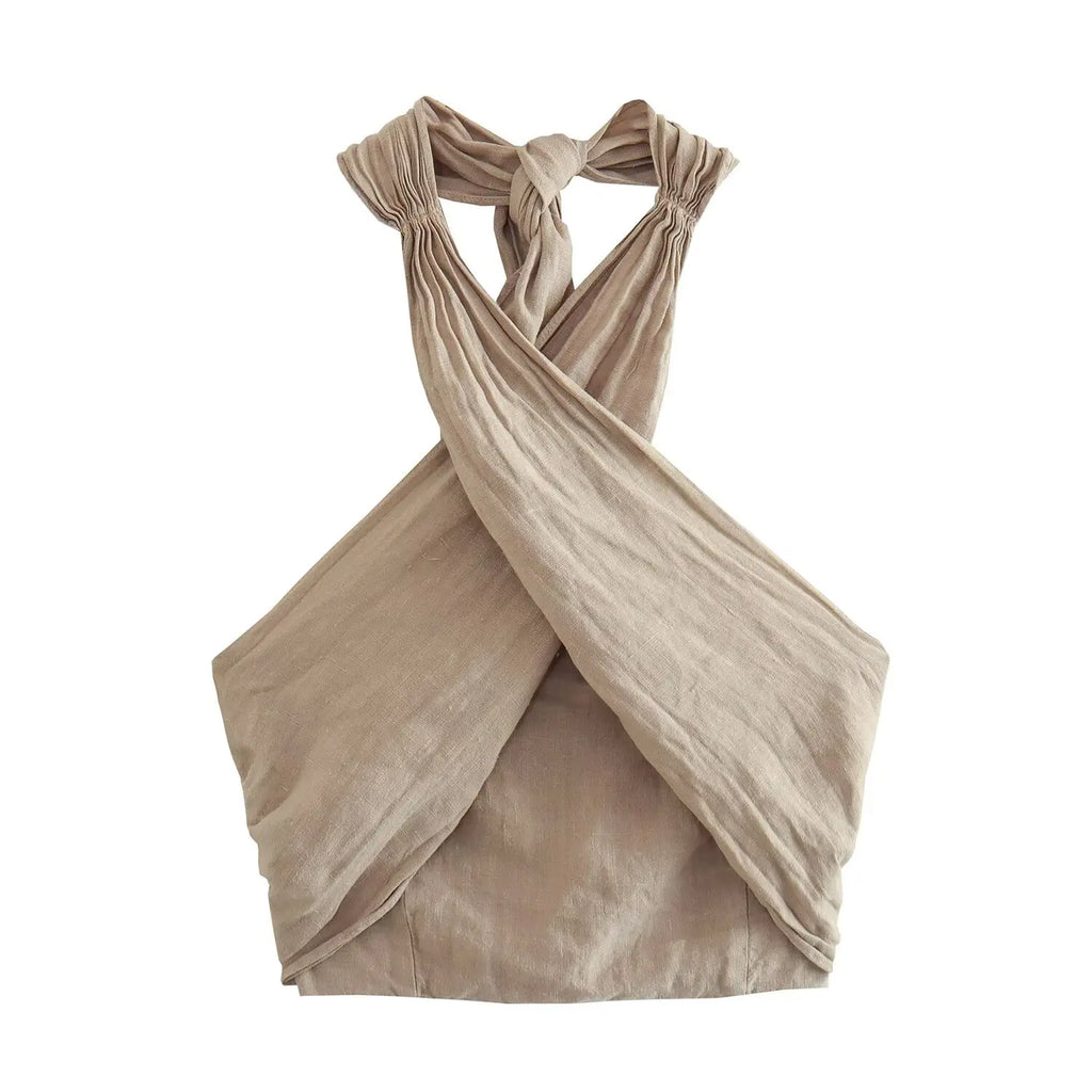 PB&ZA Women 2024 Summer New Fashion Hanging Neck Linen Tank Tops Vintage Backless Thin Straps Female Camis Chic Tops